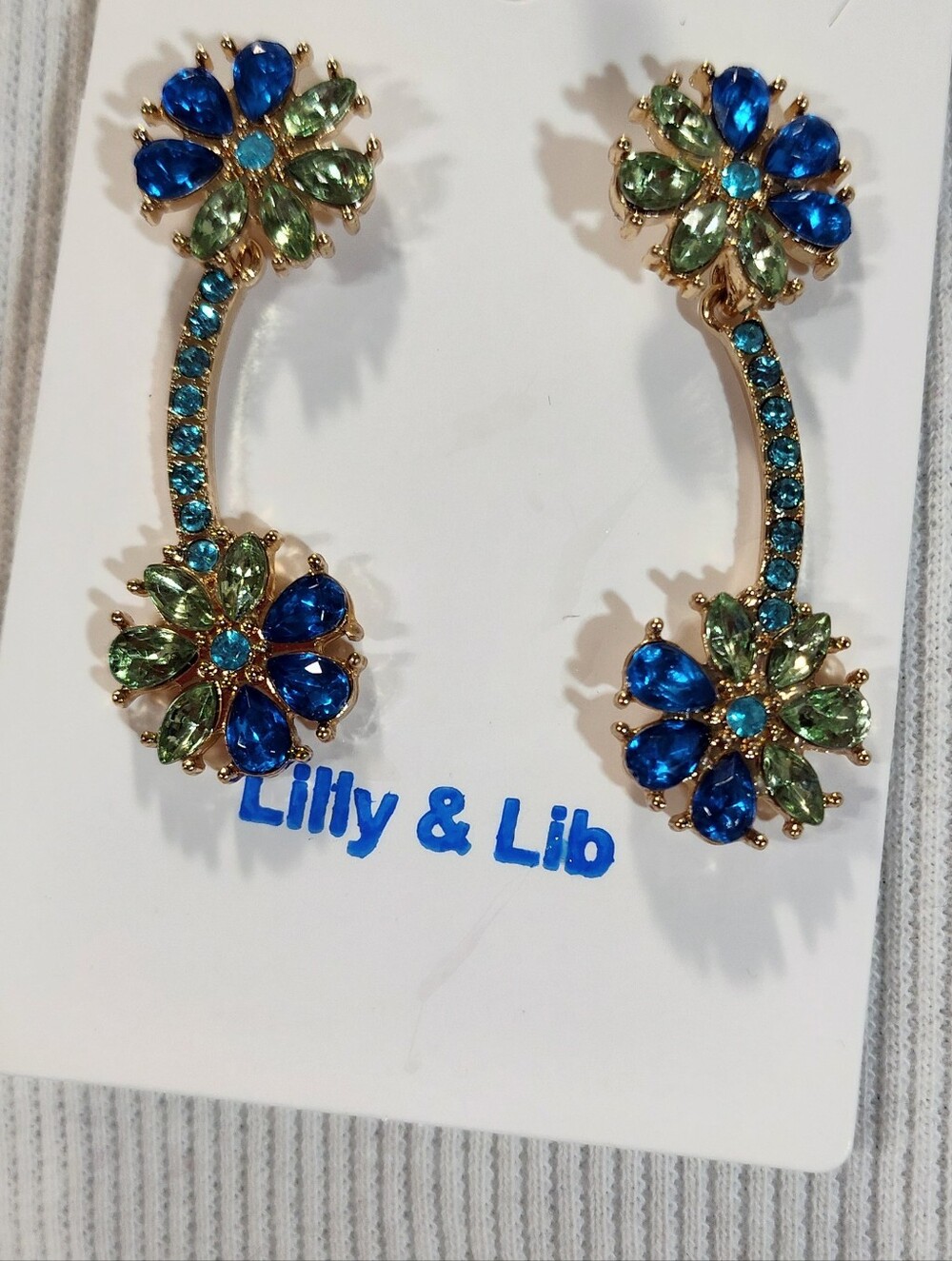 Blue and Green Crystal Floral Drop Earrings Nickel Free